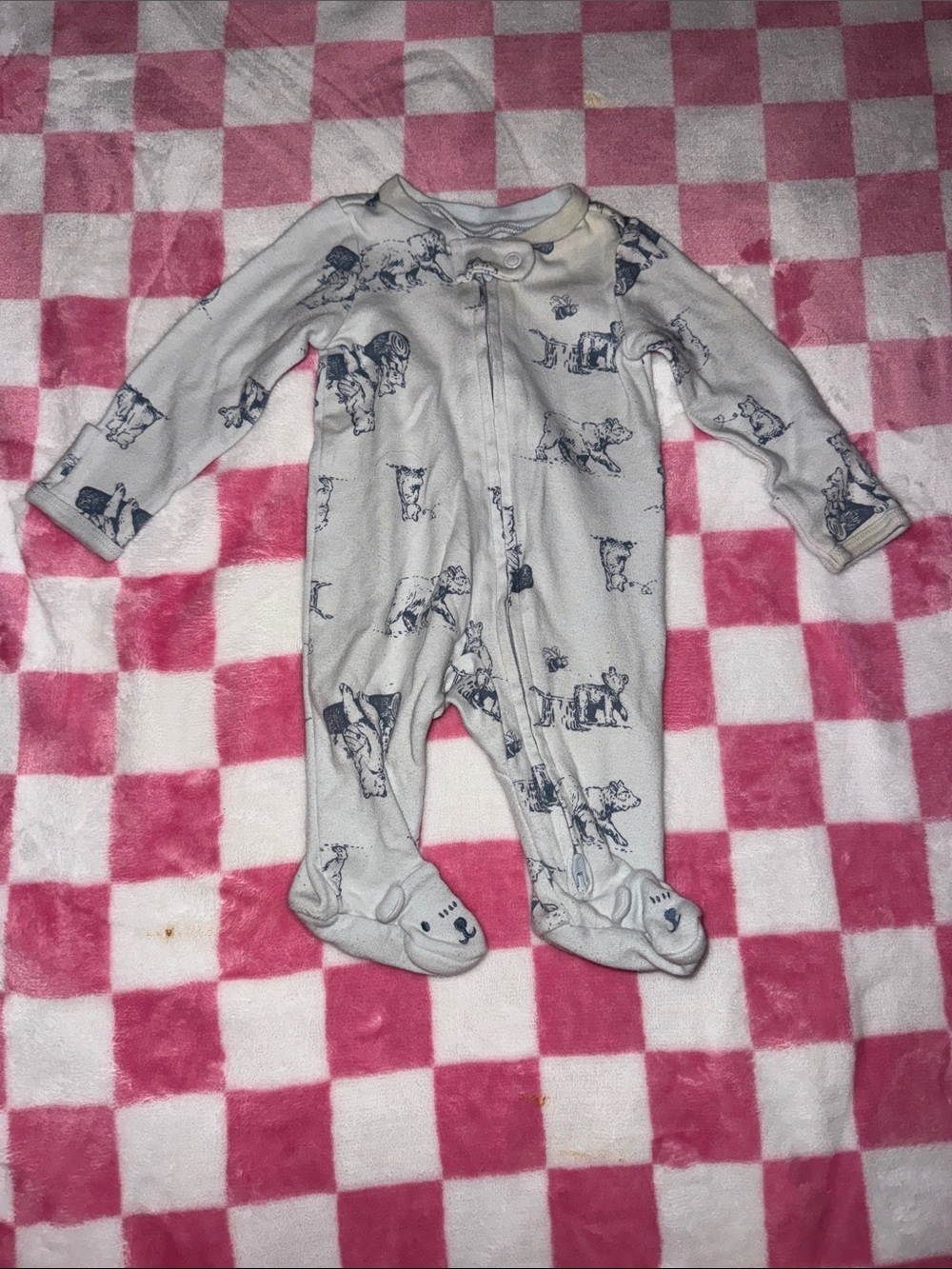 Light Blue Baby Footed One-Piece with Navy Animal Print
